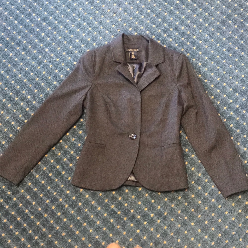 Grey Plaid Blazer with Blue suede elbow patch